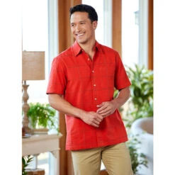 Top 10 👏 Orton Brothers Dobby Windowpane Camp Shirt Red ❤️