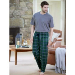Best Pirce 👏 Vermont Country Store Men's Silky Fleece Sleep Pant Green & Navy Plaid 🔥