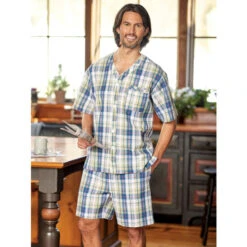 Best Sale ✨ Vermont Country Store Men's Plaid Cotton Seersucker Short Pajamas Blue Plaid ⭐
